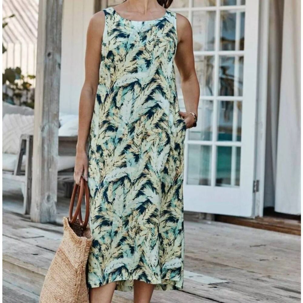 J. Jill Love‎ Linen Leaf Print Sleeveless Midi Dress Sz S Blue Green Pull Over